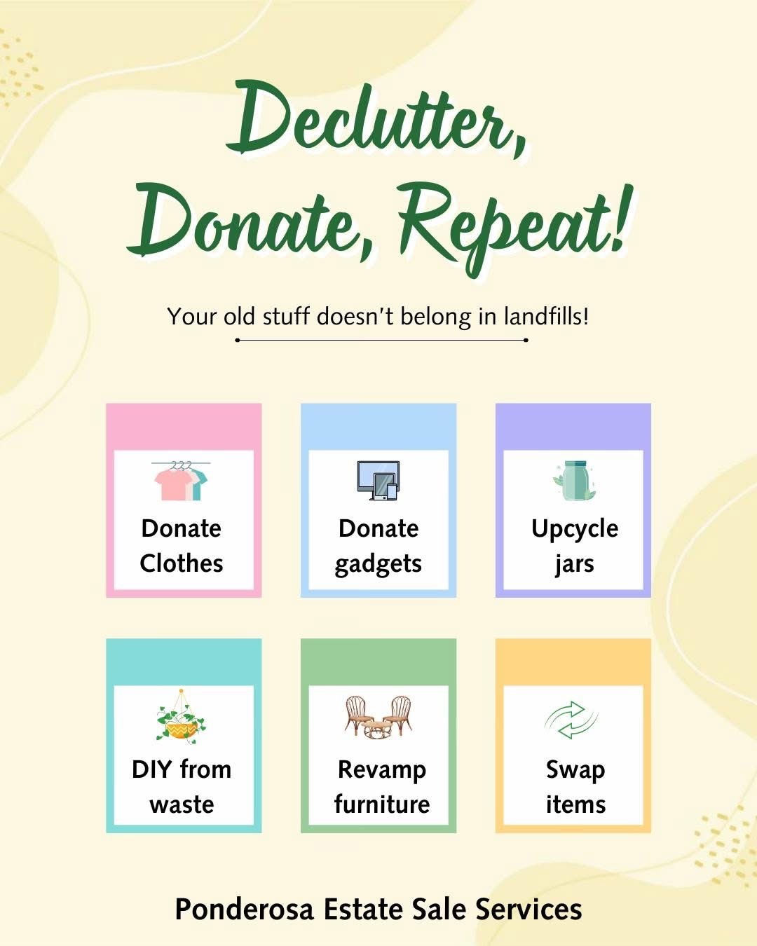 "Promotional graphic encouraging decluttering and donating items. Lists actions: donate clothes, gadgets, upcycle jars, DIY, revamp furniture, and swap items."