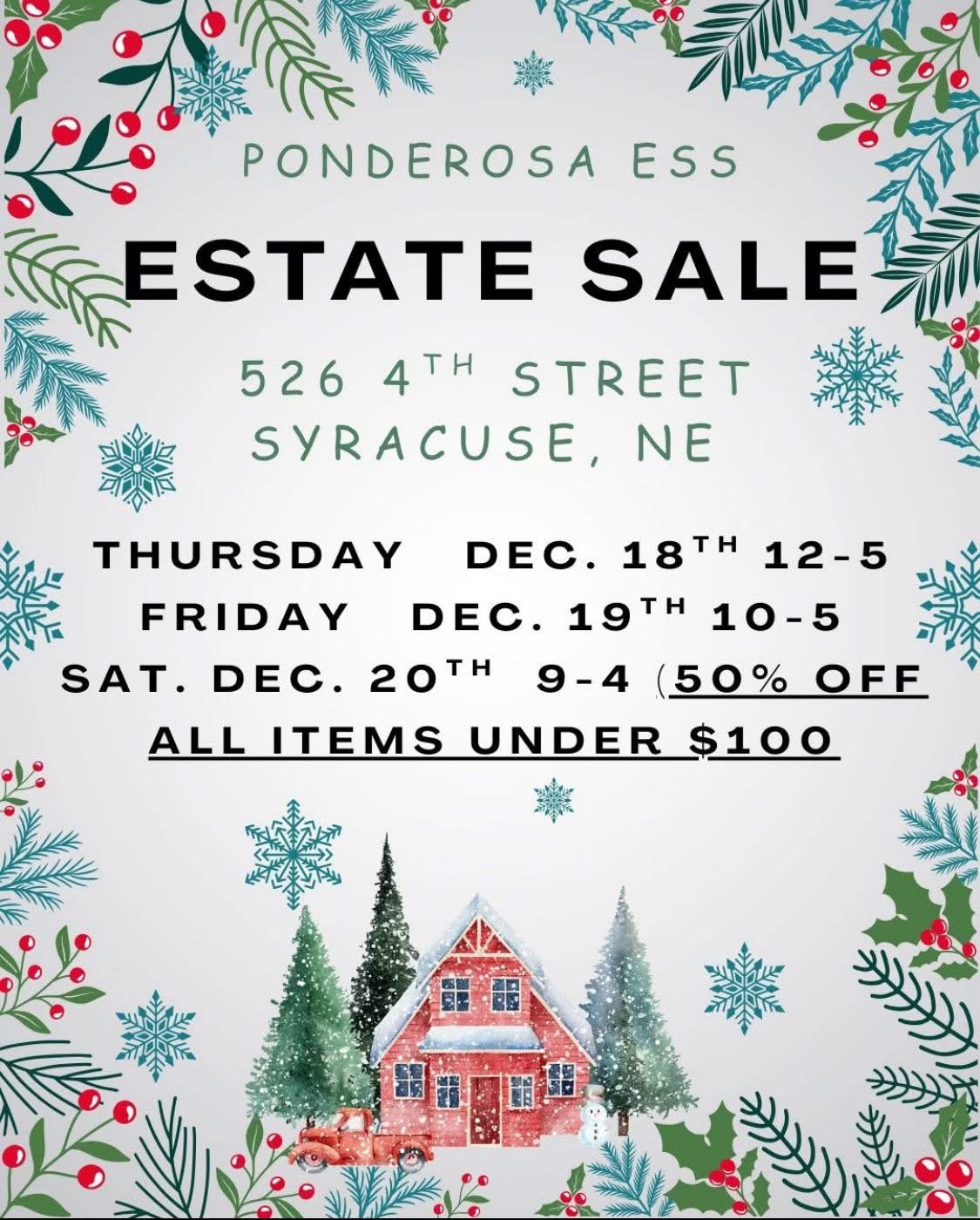 Holiday estate sale announcement with details: location, dates, and times, featuring a festive background of snowflakes and a cozy red house.